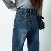 Women's Jeans Casual Straight Women Streetwear High Waist Pockets Back Button Denim Pants Long Trousers