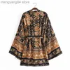 Kvinnors badkläder Boho Vintage Black Floral Print Short Robes Casual Beach Cover Ups Blusas Belt Gypsy Style Hippie Women Kimono T230505