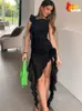 Tvådel klänning sexig se genom nät ruffles tofsels fairy e blomma ärmlös elegant klubbfest sommarstrand slit Vestidos 230505