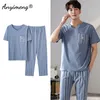 Mäns sömnkläder Summer Cotton Men Pyjama sätter kort ärm långa byxor avslappnad loungewear för pojke lyxiga sömnkläder V-ringar eleganta herrkläder 230505