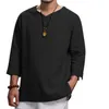 Camisetas masculinas camisa de pescoço masculino masculino tops sólidos de tamanho sólido pulôver solto de férias de férias de verão casual de três quartos de linho de linho 230504