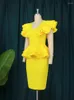 Party Dresses AOMEI Yellow Dress Peplum O Neck Short Sleeve Women High Waist Ruffels Knee Length Evening Event Occasion African Gown 4XL