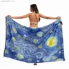 Swimwear's Swimwear Van Gogh Oil Painting Twill Cotton Pareo Cover-Up Beach-Ups Women Beach Dress Bikini Bathing Swimwear Cover Up Snow Sarong Scarf T230505