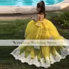 الأميرة صفراء الدانتيل زهرة الفتاة لباس طويل الأكمام الفتيات الفتيات لالحفلة ملكة جمال الأطفال