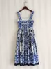 Tvådelad klänning Summer Hoiday Blue and White Porslin Flower Printing Cotton Women Spaghetti Strap Zipper Elastic Backless Midi Vestidos 230505