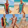 Women's Swimwear Knitted Rainbow Crochet Dress Knit Beach Cover Up Short Sleeve Tassel Tunic Women Fashion Beachwear Swimsuits 16 Colors 230504