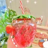 Tumblers Holaroom Cute Strawberry Cup Milk Coffee Tea Drinking Creative Straw Plastic PP Portable Water Bottle Lovely Drinkware