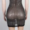 Casual Dresses Adogirl Rinestone Diamonds Sheer Mesh Mini Dress Women Sexy Lace Up Halter Backless Bodycon Night Club Party