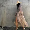 Damen-Badebekleidung 2021 Sexy Bikini-Vertuschungen Boho Bedruckter langer Kimono Carfigan Tunika mit Fransen Damen Strandbekleidung Badeanzug-Vertuschungshemd T230505