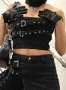 Kvinnors tankar 2023 Gothic Black Denim Tube Top Punk Style Belt Patchwork Axless Corset Topps Women Streetwear Y2K Tee Dark Academic Chic