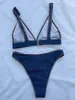 Women's Swimwear 2023 Sexy V Neck Low Cut Swimsuit for Women Denim Blue Bikini Set Push Up Thong Hight Waist Bather Bathing Suits 230505