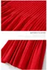 2023 Summer Red Solid Color Pleated Silk Dress Kort ärmstativ Stativ Krage Knälång Casual Dresses C3A254028