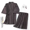 メンズスリープウェア日本の着物縞模様の男性パジャマセットサマーマレスピュアコットンシンショートパンツパジャマスーツルーズ2ピースホームウェア230505