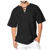 Hommes t-shirts hommes décontracté coton lin couleur unie col en V Chemise Simple à lacets à manches courtes haute qualité Homme Chemise