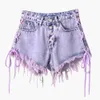 Femmes taille haute lavé bavures Mini femmes deux côtés cravate violet court rue Sexy mode gland Denim Shorts jean Z0505