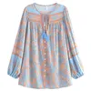 البلوزات النسائية رايون قمصان الشاطئ البوهيمية بلوساس الأزهار المطبوعة V-neac Long Sleeve Tassel Boho Bluse Button Ladies