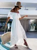 Casual Kleider Happie Queens Vintage Damen Slash Neck Kurzarm Strand Weiß Maxikleid Damen Stickerei Spitze Aushöhlen Boho Kleider 230505