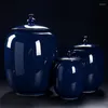 Vorratsflaschen Modernes dunkelblaues Keramikglas Vase Blumenarrangement Dekoration große Kapazität Süßigkeiten Nuss versiegeltes Porzellan Heimdekoration