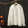 Women's Blouses Spring Autumn Bud Silk Cotton Shirt Women White Color Long Sleeve Double Layer Collar Embroidery Cartoon Button Blosue Tops