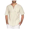 Hommes t-shirts hommes décontracté coton lin couleur unie col en V Chemise Simple à lacets à manches courtes haute qualité Homme Chemise