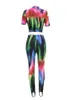 Women's Two Piece Pants Hip Hop Gradient Printing Jogging Suit For Female Short Sleeve Slimming T-shirts Tops And Elastic Sheath Legging Y2k