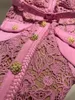 Sukienki swobodne kobiety różowe koronkowe hafty haft długie kwadratowe kołnierz Subour Flower Metal Button Dekoracja Lady prosta midi