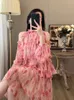 Casual Dresses Summer Sexy Off Shoulder Pink Layer Dress Women Elegant French Floral Printed Ladies Vintage A-line Loose Robe Vestidos