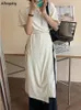 Sukienki swobodne sukienki z krótkim rękawem Kobiety lato Codzienne koronki z boku szczeliną Aline midi solid koreański styl mody swobodny vestido feminino prosty Z0506