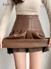 Skirts JulyPalette Spring Summer Pleated Leather Skirts Women A-line Short Skirts Streetwear High Waist Female Faux Leather Skirts 230505