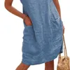 Robes décontractées femmes lâches robe Vintage couleur unie robe d'été à manches courtes col rond robes au genou Z0506