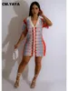 Casual Dresses CM.YAYA Women Fashion Knit Crochet Rainbow Striped Bodycon Midi Dress Summer Vestidos Beach Holiday Short Sleeve Dresses 230505