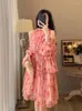 Casual Dresses Summer Sexy Off Shoulder Pink Layer Dress Women Elegant French Floral Printed Ladies Vintage A-line Loose Robe Vestidos
