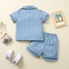 Pajamas Two Piece Striped Print Baby Kids Boys Sets Summer Cotton Linen Short Sleeve Button Shirt High Waist Shorts 2pcs Suit 230505