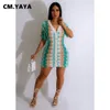 Casual Dresses CM.YAYA Women Fashion Knit Crochet Rainbow Striped Bodycon Midi Dress Summer Vestidos Beach Holiday Short Sleeve Dresses 230505