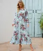 Robes de soirée femmes imprimé floral Maxi robes printemps été décontracté O cou pleine manches taille haute une ligne Boho plage fête longue robe Vestidos 230506