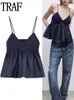 Kvinnors tankar Camis Traf Blue Crop Top Women Ruffle Knitted Top Woman Off Shoulder Corset Top Female Streetwear Backless Sexy Tops Camisoles Tanks 230505