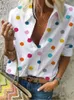 Koszule bluzki damskiej Polka kropka Blouse Kobiety Odrzucają kołnierz długie koszule z długimi rękawami Plus Size Streetwear Białe bluzkę Kobiety XXL 230505