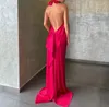 Elegant halter prom aftonklänningar 2023 sexig satin lång rygglöst kändis formella festklänningar heta fuchsia mantel de soiree