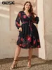 Plus size Dresses GIBSIE Plus Size Floral Print Surplice Neck Midi Belted Dress Women Spring Fall Long Sleeve Elegant Vintage A-Line Dresses 230506