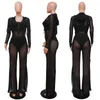 Women's Two Piece Pants Solid Breasted See-through Mesh Wide-leg Suit Set Summer Women Clothing Bodysuit Tank 3pcs Sexy Outfit