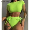 Dames badkleding Vigocasey 2023 Solid Short Sleeve Swimwear Women Sexy High Taille Bikini Set Swimsuit Backless Cross Hollow Summer Bathing Suit J230506