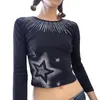 T-shirt da donna VIntage Grunge Women Star Stampa manica lunga Crop Top Streetwear Casual Stile Corea Abbigliamento moda Harajuke Retro Top