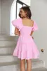 Casual Dresses Pink Summer Women's Short Sleeve Aline Dress Sweet Style Square Neck Puff Short Dress Loose Casual Verstido Fashion Party Dress Z0506