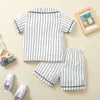 Pajamas Two Piece Striped Print Baby Kids Boys Sets Summer Cotton Linen Short Sleeve Button Shirt High Waist Shorts 2pcs Suit 230505