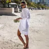 Maillots de bain pour femmes Femmes Solide Bikini Cover Up Sexy Blanc Crochet À Manches Longues Plage Maxi Robe Coverups Femme Lâche Tunique Maille Beachwear 230506