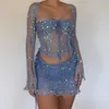 Casual Dresses Sexy Mini Skirts Two Piece Sets Women Sequins Knitted Hollow Out Long Sleeve Crop Top Skirt Suits Summer 2023 Beach Party Outfit Z0506