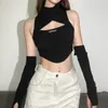 Women's T Shirts Black Mysterious Sexy Hollow Simple Knitted Tight Elastic All-Match Street Trend Mature Charm Women'S Top With Sleeves