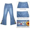 Kvinnors jeans broderade kvinnors blossade jeans sträcker mode hög midja vintage avslappnad full längd smal streetwear breda ben flare byxor 230505