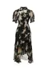 2023 Zomer Zwarte bloemenprint Panel schakelingen Cheongsam Jurk Kortkraagknoppen Midi Casual Dresses D3W031906