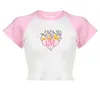 T-shirt da donna Ragazze coreane Cute Heart Stampa Contrasto Raglan Maglietta a maniche corte 2023 Primavera Estate Nuovo collo Slim Fit Abiti vintage Top Z0506